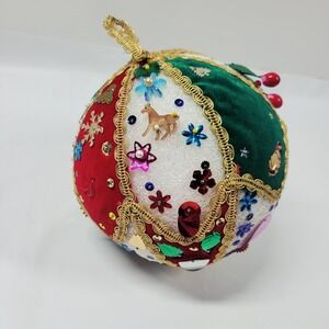 Vintage MCM Pushpin Christmas Ornament W Music Box Kitschy Mid Century Sequins